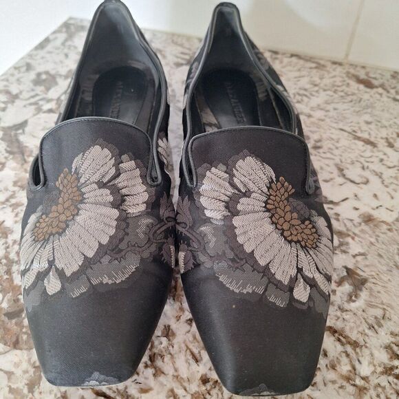 Alexander McQueen Silk Black floral print Loafer Flats size 39 - Picture 1 of 13